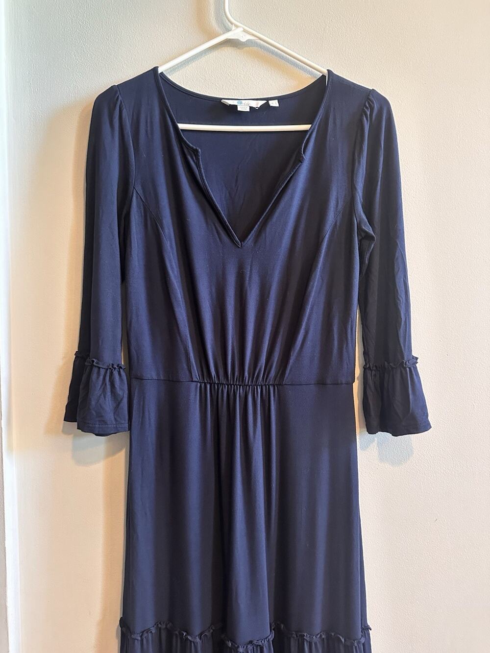 Boden Maxi Dress Size 2 Navy Blue Bell Sleeve V Neck Jersey Knit Tiered Ruffle